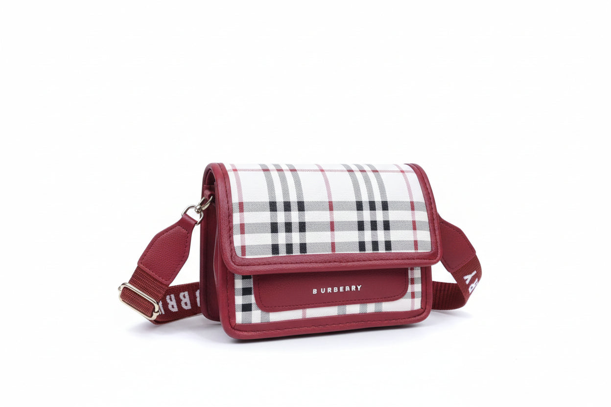 Red and white checkered Burberry bag