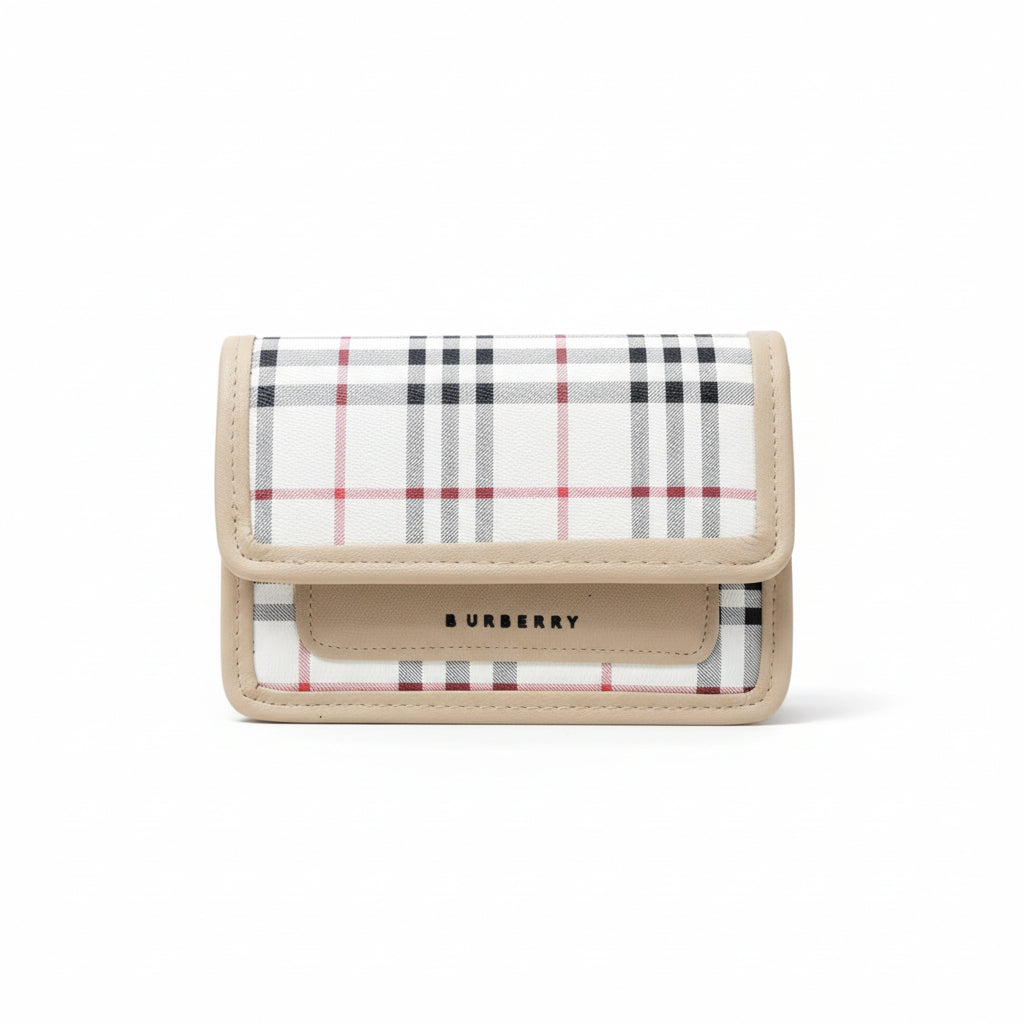 Burberry wallet in a box with a checkered pattern on a striped background