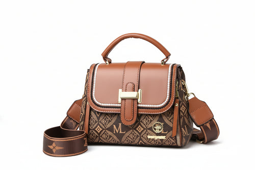 Brown handbag with patterned strap and 'NEW ARRIVAL' label on beige background