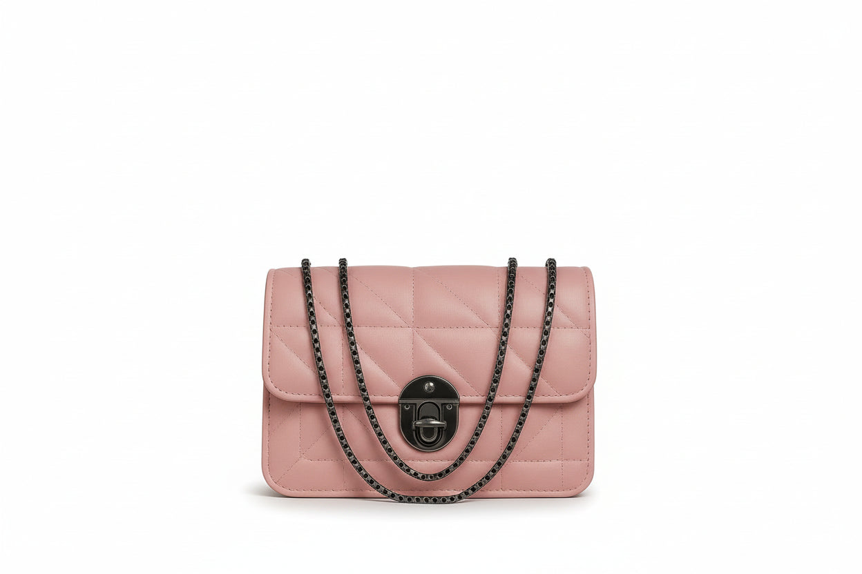 Pink quilted handbag with black chain strap