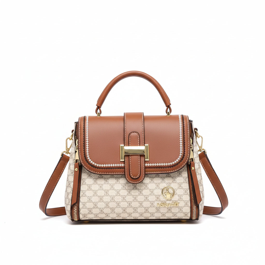 Person wearing a brown outfit holding a brown and beige handbag with 'New Arrival' label.