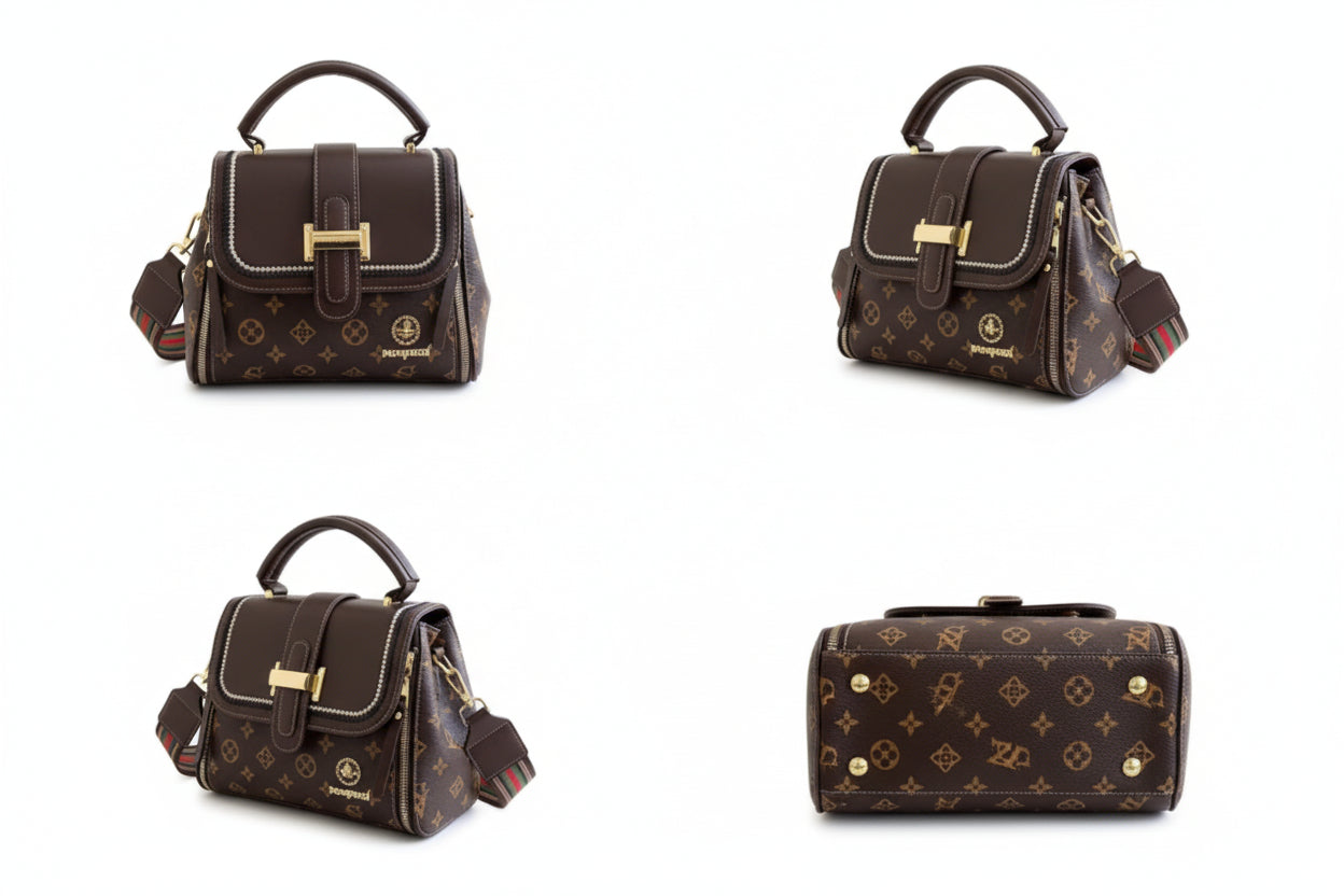 Brown handbag with monogram pattern