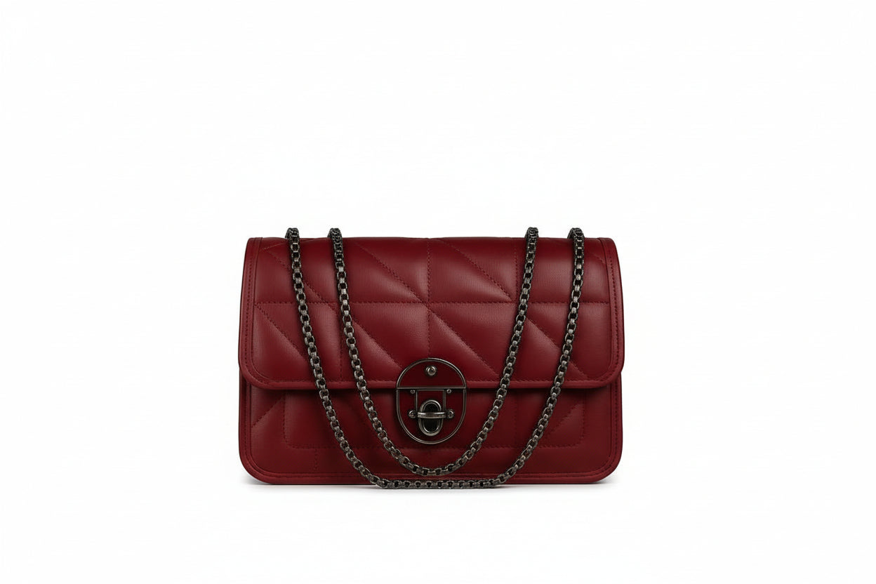 Red quilted handbag with black chain strap 