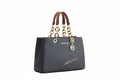 Black handbag with gold chain detail on a white background